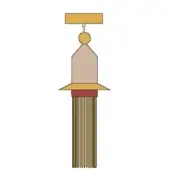 Tassel with mustard-yellow rectangle, silver rod, gold sphere, gray tapered form, and gold-brown striped fringe against a white background.