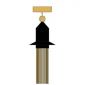Decorative tassel, black and gold, tiered design with rectangular bar, spherical bead, and dense golden fringe detail.