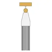 Tassel, gold and white, rectangular top with spherical bead and gray-blue fringe, graphic design, smooth sheath, labeled “n3 all white”.