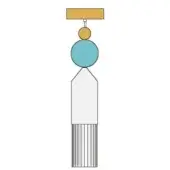 Pendant light, mixed colors, rectangular yellow top with turquoise sphere and ribbed white cylindrical base, minimalist studio shot.