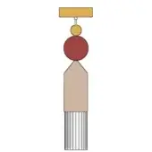 Hanging light fixture, mustard yellow and burgundy, geometric stacked elements with silver rod and striped texture, white background.