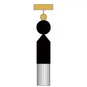 Minimalist figure, black and gold, geometric shapes with rectangular, spherical elements and striped torso on a white background.