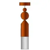 Nautical buoy, copper-brown, stacked geometric design with rectangular, spherical, and conical elements, off-white ridged cylindrical base.