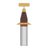 Table lamp, light gray and gold, ribbed cylindrical base with conical shade and spherical finial, modern geometric design.