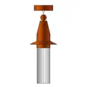 Pendant light, copper and silver toned metal, tiered cylindrical base with flared and conical shades, polished metallic sheen.