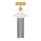 Decorative tassel with gold rectangular top, slender rod, and white conical cap featuring dense, vertical fringe strands.
