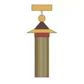 Tassel illustration, golden-yellow and dark brown, rectangular top, spherical bead, conical tiered body with red band, linear strand texture.