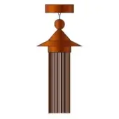 Copper pendant light, tiered pagoda shape, striated cylindrical body, rectangular plate, conical section, studio product shot.