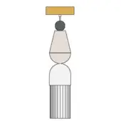 Pendant light, mustard yellow and white, with rectangular canopy, conical shade, and ribbed cylindrical lower section.