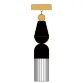 Pendant light, gold and black, rectangular top with gold rod, sphere, stacked black cones, and striped fringe detail.