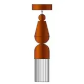 Pendant light, copper finish, tiered geometric design with rectangular plate, sphere, cone, cylinder, and vertical slats.