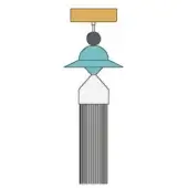 Decorative tassel with yellow rectangular top, dark gray sphere, turquoise conical element, and light gray striped tassel body.