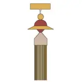 Tassel, gold and reddish-brown, tiered design with rectangular, spherical, and conical elements, featuring vertical striped detailing.
