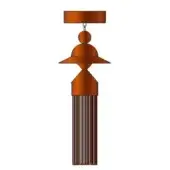 Copper tassel pendant light, tiered rectangular and spherical form, with a long fringe of vertical strips against a white background.