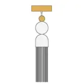 Decorative tassel with gold bar, sphere, stacked white forms, and long gray-blue fringe; minimalist n9 all white design.