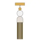 Decorative tassel with mustard yellow rectangular top, golden sphere, white beads, and vertically striped fringed base on white background.