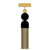 Decorative tassel with gold and black accents, featuring a rectangular top, stacked beads, and vertically striped gold-brown strands.