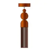 Copper pendant light, rectangular and spherical stacked design, with striped fringe of alternating copper tones, polished metallic finish.