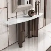 Architectural DV Home Collection Manhattan console with striped stainless steel base and polished white marble tabletop