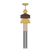 Hanging light fixture, gold and brown, geometric stacked shapes with slender pole and striped base, digital rendering.