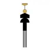 Pendant light, black metal, cylindrical body with stacked square, rounded, and gold sphere shapes, supported by a gold stem and dome.