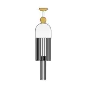 Wind chime with white dome, gold stem and spherical accent, featuring black and gray vertical slats in a minimalist design.