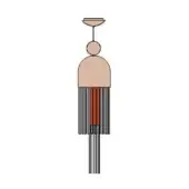 Wind chime illustration, beige and black, with circular, spherical, and oval elements, featuring closely spaced reddish-brown and black strips.