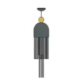 Wind chime, dark gray metal, with vertical rods and gold accents, minimalist geometric design, circular top and stem, against a white backdrop.
