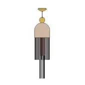 Wind chime with beige rounded top, dark brown and black fringe, and gold spherical element suspended from a gold stem and plate.