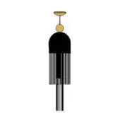 Gold and black pendant light, cylindrical shape with fringe-like vertical lines and spherical accent, on a white background.