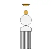 Hanging light fixture, white metal, geometric design with golden disc and sphere above a spherical shade and fringed rectangular base.