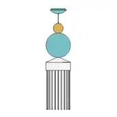 Decorative tassel illustration, teal and golden-yellow spheres stacked on pyramid base, with gray vertical lines extending downwards.