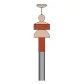 Stacked geometric lamp illustration, brown and red tones, fluted column base, beige dome, rectangular and spherical elements, white background.
