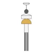 Pendant light fixture, gray and white, stacked geometric shapes with mustard yellow cone and lined cylindrical shaft.
