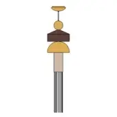 Floor lamp, mixed media, stacked geometric design featuring golden yellow and dark brown elements with a striped beige column.