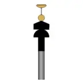 Abstract sculpture black and gold, vertical shaft with rounded section, circular gold elements, minimalist graphic style, white background.