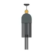 Wind chime with dark gray metal, black slats, and a golden yellow sphere, featuring a rounded top and elongated bottom section.