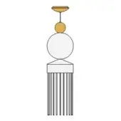 Decorative tassel illustration, gold and white, featuring circular and spherical elements with a rectangular base and vertical lines.