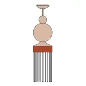 Decorative tassel with tiered beige spheres, reddish-brown band, and vertical fringe against a plain white backdrop, classical design.