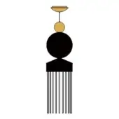 Chandelier, gold and black, tiered circular canopy with slender stem supporting black spheres and a dense vertical fringe detail.