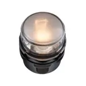 Outdoor light fixture, chrome finish, cylindrical base with clear glass dome and amber glow, studio product shot.