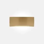 Wall sconce, satin gold glaze, horizontally curved rectangular form with reflective surface and integrated light source against a light gray backdrop.