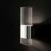 Wall sconce, pyrex and metal, tall cylindrical form with polished metal band and vertical grooves, minimalist lighting fixture.