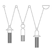 Pendant lights, black metal, tiered cylindrical shades with slatted detailing, arranged in a linear composition against a white backdrop.