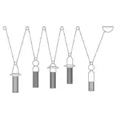 Pendant lights schematic, black line drawing, cylindrical shades with conical tops, supported by angled rods on white background.