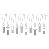 Pendant lights line drawing, black on white, showing varied geometric shades, cylindrical forms, and tiered details suspended from circular mounts.