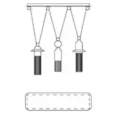 Chandelier line drawing, black on white, with three conical and spherical fixtures suspended from a rectangular ceiling mount.