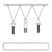 Pendant lighting diagram showing three adjustable lights, conical and cylindrical shades, suspended from a rectangular ceiling mount with cables.