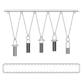 Chandelier schematic, white metal, five cylindrical fixtures with tasseled accents suspended from a horizontal bar, dashed rectangle below.