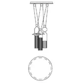 Chandelier schematic drawing, black lines on white, showing tiered rectangular and trapezoidal elements suspended by cables from a circular mount.